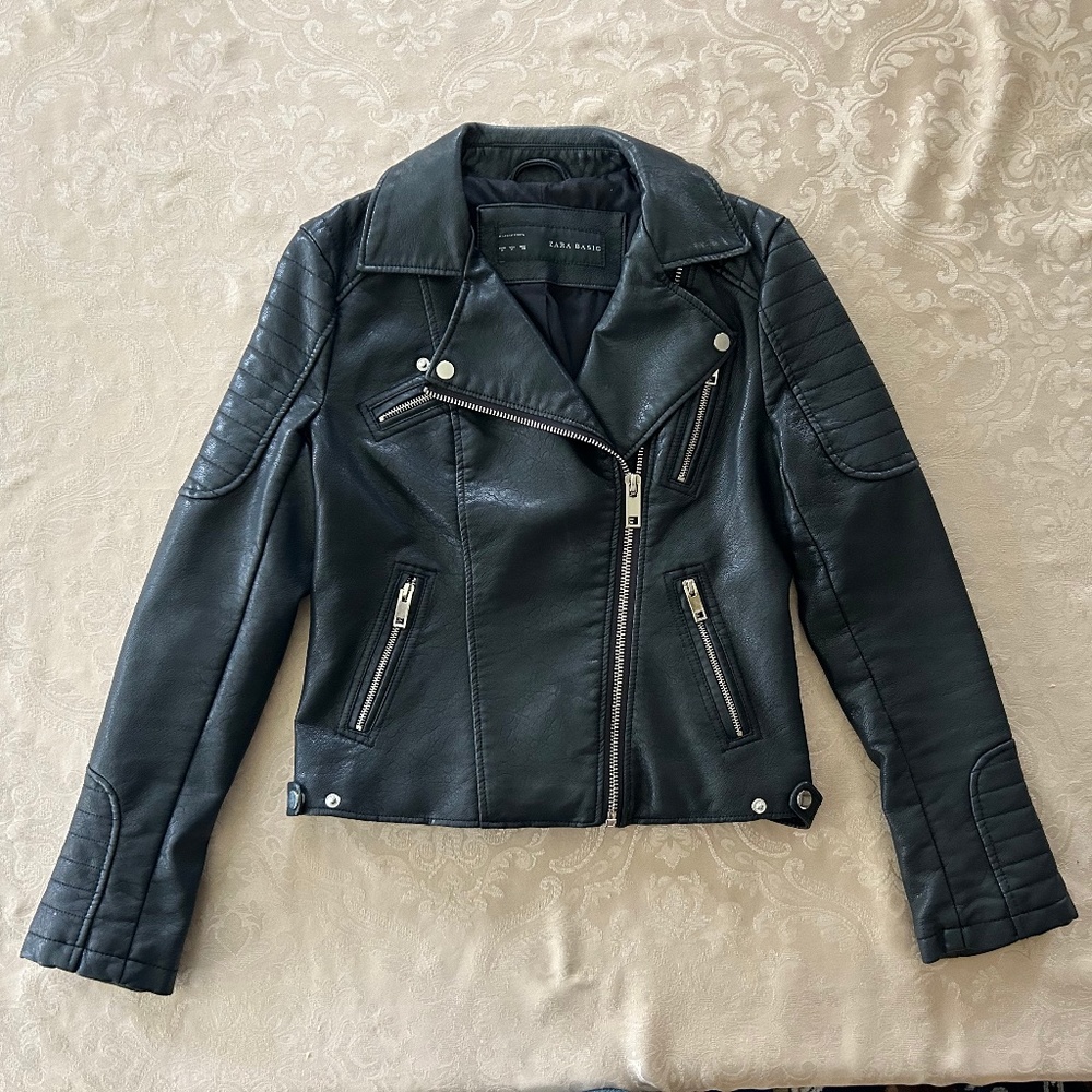 Zara Leather Biker Jacket,  Black, Size M